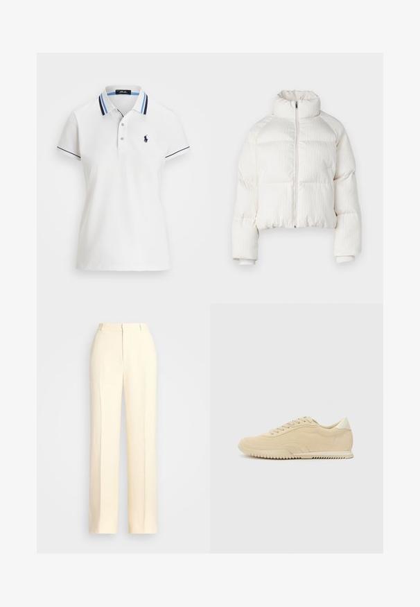 Valge lühikeste varrukatega puffjakker, millel on vertikaalne ribakujundus, kõrge krae, eesne lukuga kinnitus ja elastsed mansetid. Omab küljetaskuid.; Polo Ralph Lauren TAILORED FIT JERSEY POLO SHIRT - Polosärk - ceramic white/navy/blue multi; Polo Ralph Lauren HEMP WIDE-LEG TROUSER - Püksid - nevis; Beige nubukist sneakers, millede sidemehhanismiga, tekstuuriga ülemise osaga, kontrastse kummist tallaga ja kerge kontsaga. Minimalistlik stiil koos diskreetse brändimisega.