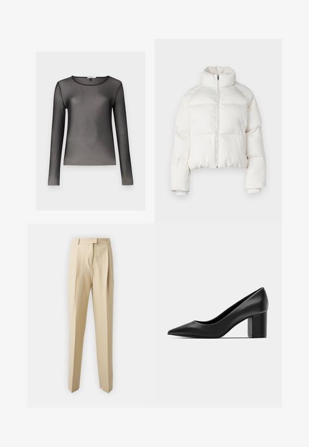 Bela skrajšana puhovka z vertikalno rebrasto teksturo, visokim ovratnikom, sprednjim zadrgo ter elastičnimi manšetami. Ima stranske žepe.; Črna dolga majica z dolgimi rokavi, izdelana iz prozorne in lahke tkanine; ima okroglo vratno odprtino in prilegajoč silhueto. Gladka struktura, minimalni detajli.; Bež hlače s krojem ravne nogavice, ki imajo zadrgo, pas ter gladko teksturo. Brez vidnih žepov ali okrasnih elementov.; Črne usnjene pete z ostrim nosom in masivnim kvadrataškim peto. Gladka textura, preprost dizajn, primeren za formalne priložnosti.