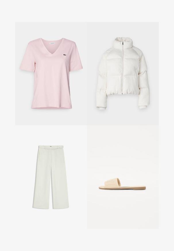 White cropped puffer jacket with vertical ribbed texture, high collar, front zip closure, and elastic cuffs. Features side pockets.; Light pink cotton t-shirt with a v-neck and short sleeves, featuring a small green embroidered crocodile logo on the left chest.; Wide-leg pants in light cream fabric, featuring side pockets, a flat front, and a single button closure at the waist. Smooth texture.; Beige slide sandal with a wide strap featuring a stitched logo. Flat sole and smooth texture, designed for casual wear.