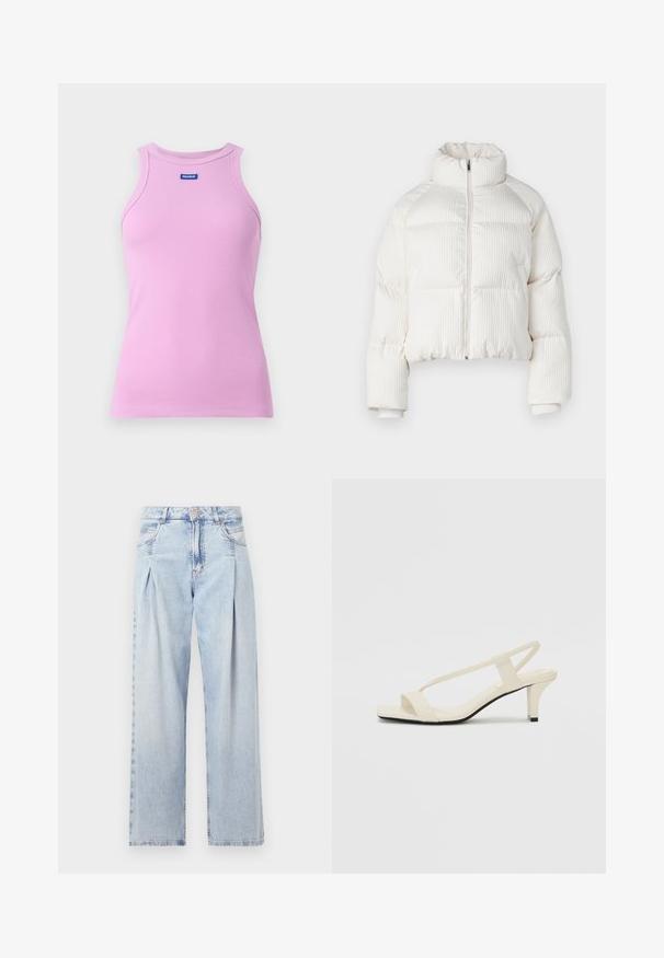 Biely skrátený puffa kabát s vertikálnym ryhovaným vzorom, vysokým golierom, predným zipom a elastickými manžetami. Obsahuje bočné vrecká.; Ružový rebrovaný tielko s okrúhlym výstrihom a štítkom HUGO. Má priliehavý strih a bezrukávový dizajn, vyrobené z mäkkého materiálu.; Svetlomodré džínsy s vysokým pásom, širším strihom po celej dĺžke, dvoma bočnými vreckami a skladaným dizajnom. Mäkka textúra s vyblednutým vzhľadom.; Béžové sandále na blokovom podpätku s tenkými pásikmi a štvorcovou špičkou. Hladký materiál s minimálnym detailovaním, navrhnuté pre ľahké nosenie.