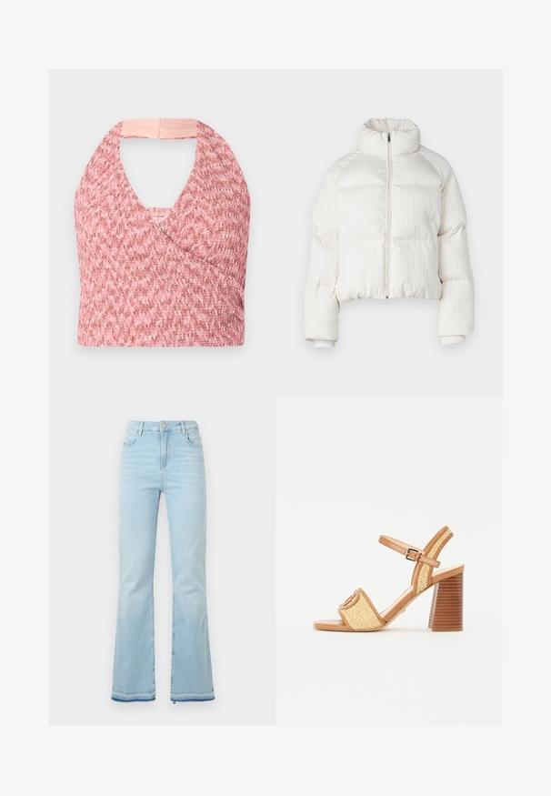 Fehér, rövidített puffermellény függőleges bordás textúrával, magas gallérral, elöl cipzárral, és elasztikus mandzsettákkal. Oldalsó zsebekkel rendelkezik.; Világos rózsaszín, pánt nélküli felső, texturált kötött anyagból, átkötős dizájnnal, hátul pedig puha bézs szalaggal, a biztonságos illeszkedés érdekében.; Világoskék, trapéz fazonú farmernadrág, magas derékkal, elülső zsebekkel és nyers szegéllyel a szárakon, amely laza megjelenést kölcsönöz.; Barna bőr és szőtt szalma magassarkú szandál, bokapánttal, nyitott orral és vastag, fára hasonlító sarokkal, vízszintes csíkokkal.