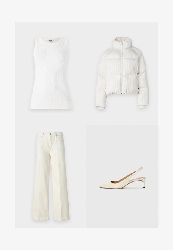 Giacca puffer corta bianca con texture a righe verticali, collo alto, chiusura frontale con zip e polsini elasticizzati. Dotata di tasche laterali.; Top bianco a coste senza maniche con scollatura rotonda e design aderente, realizzato in un tessuto leggero. Texture pulita e liscia in tutto il capo.; Jeans bianchi a gamba larga realizzati in tessuto misto cotone. Presentano una chiusura lampo, design a cinque tasche e cuciture lungo le cuciture.; Scarpa slingback a punta in pelle bianca sporca, caratterizzata da un tacco basso e un design con ritagli, dal texture liscia e con accenti minimi.