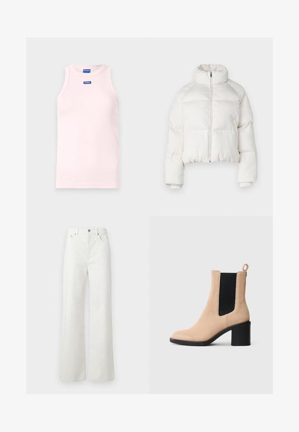 Balta trumpa pūkinė striukė su vertikaliu raukšlėtu paviršiumi, aukštu apykakle, priekyje užtrauktuku ir elastingais rankogaliais. Su šoninėmis kišenėmis.; Šviesiai rožinė be pirkinių rankovių marškinėlių viršutinė dalis, pagaminta iš ripuoto audinio. Prie priekinės dalies, šalia kaklo, yra du mėlyni "HUGO" logotipai. Lygus paviršius.; Samsøe Samsøe SHELLY - Laisvo kirpimo džinsai - clear cream; Bežinės suede aulinės bateliai su blokuotu kulnu, su juodu elastingu įdėklu ir traukimo kilpele gale. Lygus paviršius ir suapvalintas pirštas.