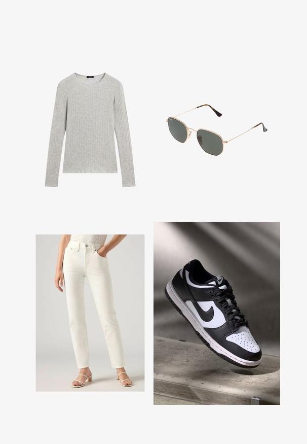 Bruine wolmix blazer met notch revers, enkelvoudig knoopsluiting, twee voorzakken en een borstzak. Voorzien van zwarte knopen.; Grijze langemouwen shirt met een geribde textuur en ronde halslijn. Eenvoudig ontwerp met gelijkmatige stitching; geen zichtbare patronen of accenten.; Witte high-waisted jeans met een rechte pasvorm, voorzien van voorzakken, een knoopsluiting en een gladde denimtextuur. Gekleed met lichte sandalen.; Zwart-witte Nike Dunk Low sneaker met een leren bovenwerk, geperforeerde neus, en zwarte veters, met een witte zool en logo-accenten.; Gouden metalen zonnebril met donkergroene lenzen, aviator-stijl, met slanke scharnieren en schildpad-accenten op de uiteinden.