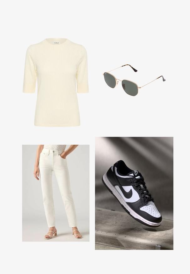 Brown wool-blend blazer with notch lapels, single-breasted design, two front pockets, and a chest pocket. Features black buttons.; Cream ribbed short-sleeve sweater with a round neckline and contrasting ribbed cuffs, featuring a soft texture and a fitted silhouette.; White high-waisted jeans with a straight fit, featuring front pockets, a button closure, and smooth denim texture. Worn with light sandals.; Black and white Nike Dunk Low sneaker with leather upper, perforated toe box, and black laces, featuring a white sole and logo accents.; Gold metal-frame sunglasses with dark green lenses, aviator style, featuring slim arms and tortoiseshell accents on the tips.