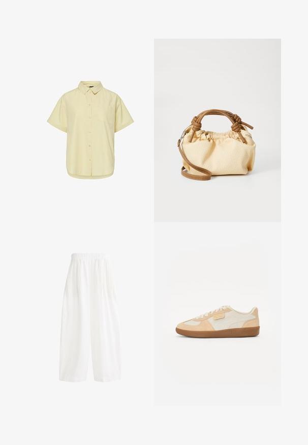 Yhdennapuolinen, kevyt armeijatyylinen oliivinvihreä takki, jossa on kaulus, napitettu etuosa, neljä suurta taskua ja säädettävä nyöri vyötäröllä.; Kreemivärvi kootud sviiter, millel on teemandi muster, pikad varrukad, laineline äär ja kolm nööbiga kaelust.; Lyhythihainen nappipaitoja vaaleankeltaisena, jossa on pystysuorat valkoiset raidat. Varustettu kauluksella ja yhdellä rintataskulla. Pehmeä kangas.; Valkoiset, korkeavyötäröiset, leveälahkeiset housut, joissa on joustava vyötärönauha ja pehmeä, teksturoitu kangas. Muotoilussa on pleatsit lisämuodon vuoksi.; Beige lenkkarit, joissa on mokka- ja nahkapäällinen, sisältäen vaalean kermapunaisen paneelin, ruskeita yksityiskohtia ja teksturoitu kumipohja. Logo sivulla.; Pieni, kermaisen tekstuurin käsilaukku, jossa on ruskeat nahkaiset kahvat ja irrotettava olkahihna. Kokkareinen muotoilu näkyvillä ompeluyksityiskohdilla.