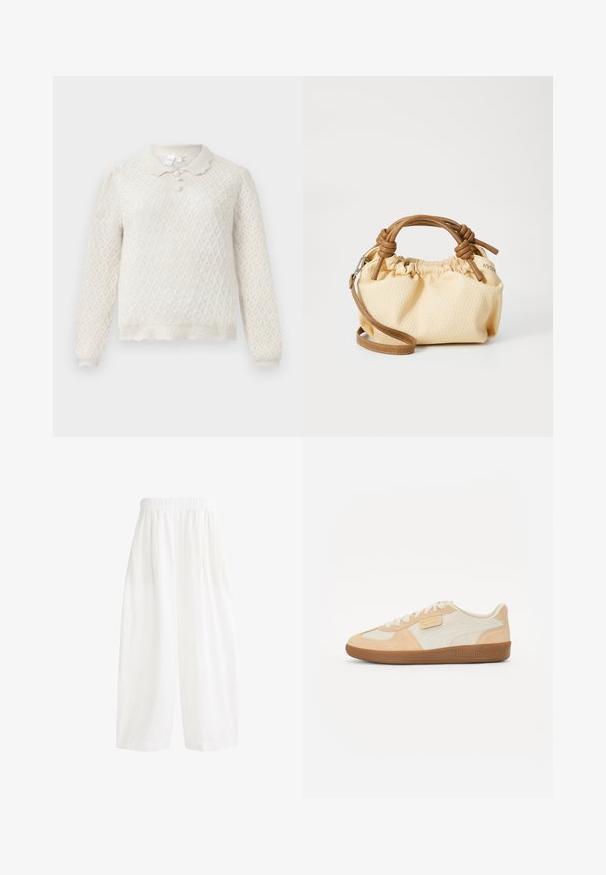 Olive green, lightweight military-style jacket with a collar, buttoned front, four large pockets, and adjustable drawstring waist.; Cream-colored knitted sweater with diamond pattern, long sleeves, scalloped hem, and three buttoned collar.; White, high-waisted, wide-leg pants with an elastic waistband and soft, textured fabric. The design features pleats for added volume.; Beige sneakers with a suede and leather upper, featuring a light cream panel, tan accents, and a textured gum rubber sole. Logo on the side.; Small, cream textured handbag with brown leather handles and a removable shoulder strap. Gathered design with visible stitching details.