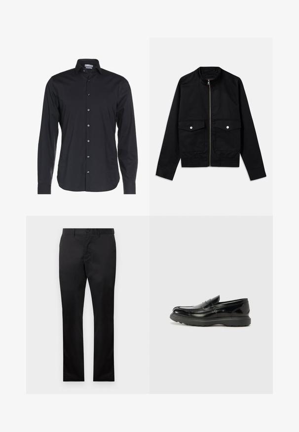 Zwarte bomberjack gemaakt van gladde stof, met een ritssluiting aan de voorkant, hoge kraag, twee borstzakken en ribgebreide manchetten aan de onderkant.; Zwarte langemouwen shirt van gladde stof. Beschikt over een button-down kraag, een knoopsluiting aan de voorkant en een subtiel logo op de borst.; Zwarte katoenen broeken met een rechte pijp, uitgerust met een sluiting met een voorste knoop en zijzakken, gladde textuur, zonder zichtbare patronen.; Zwarte leren instapper met een glanzende afwerking, een ronde neus, subtiele stiksels en een dikke rubberen zool voor duurzaamheid.