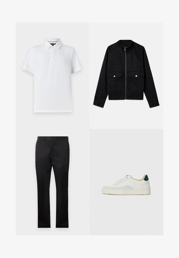 Melnā bomber jaka, izgatavota no gludas auduma, ar rāvējslēdzēju priekšā, augstu apkakli, divām krūšu kabatām un ribotu apkakli pie apakšmalas.; Balta polo krekls, kas izgatavots no kokvilnas ar mīkstu tekstūru, satur trīs pogu aizdari un nelielu logo kreisajā krūtīs. Īsas piedurknes.; Melni kokvilnas bikses ar taisnu kāju dizainu, ar priekšējo pogu aizdari un sānu kabatām, gluda tekstūra, bez redzamām rakstām.; Baltas sneakers ar zamša akcentiem, noapaļota purngala, plakaniem auklām un krēmkrāsas gumijas zoli. Ar zaļu zīmolu uz papēža.