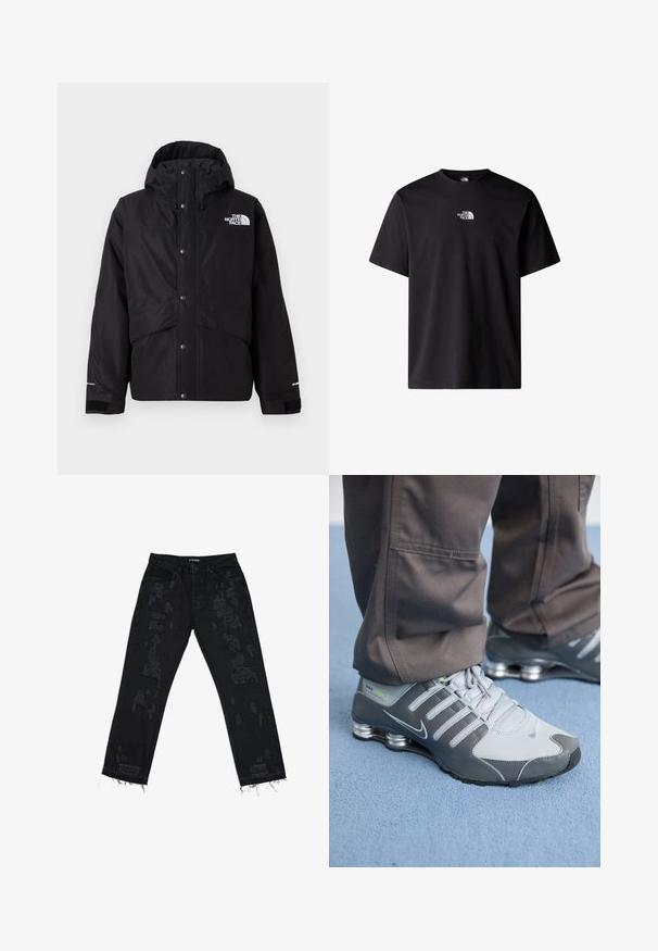 Melnā izolētā jaka ar kapuci, ar rāvējslēdzēja priekšpusi, spiedpogām un baltu logotipa detaļu krūšu daļā. Tekstūrēta auduma.; Melnas kokvilnas T-krekls ar īsām piedurknēm un apaļu kakla izgriezumu. Priekšpusē ir neliels balts "The North Face" logo.; Melnās džinsus ar nodilušām vietām, brīva piegriezuma, saplēstu apakšmalu un standarta piecu kabatu dizainu. Audums izskatās izturīgs un ar tekstūru.; Pelēki un sudraba Nike Shox sporta apavi izceļas ar elegantu dizainu, izmantojot acu un sintētiskos materiālus, apaļu purngalu un mīkstinātu apkakli.