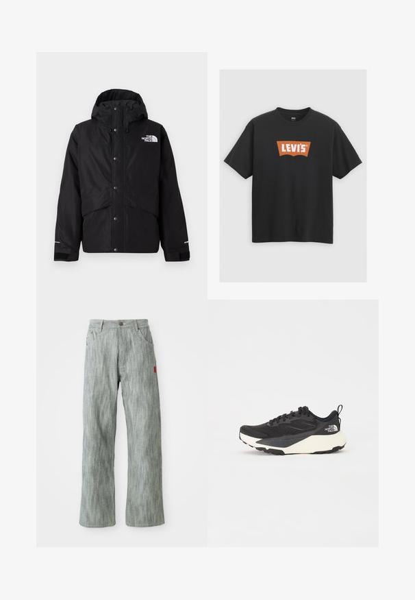 Chaqueta aislante negra con capucha, que presenta un cierre de cremallera frontal, botones a presión y un detalle de logo blanco en el pecho. Tejido texturizado.; Camiseta de algodón negra con un gran logo naranja de Levi's en la parte delantera, mangas cortas y diseño de cuello redondo.; Pantalones de mezclilla de pierna recta en gris claro con bolsillos delanteros y traseros, cierre de botón y una pequeña etiqueta de tela roja en el lado derecho.; Zapatilla deportiva negra con parte superior de malla texturizada, acentos en negro sólido y suela ligera blanca. Presenta cierre de cordones y tirador.