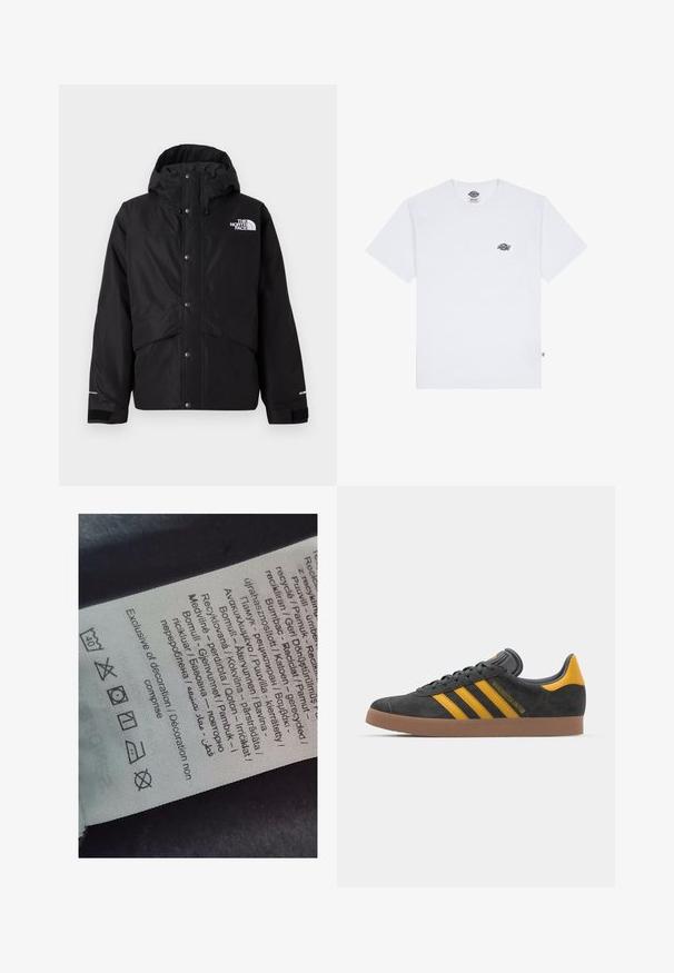 Mustaga isoleeritud jakki kapuutsiga, millel on ees tõmblukk ja nööbid ning valge logo detail rinnal. Tekstuuriga kangas.; Valge puuvillane t-särk lühikeste varrukatega, millel on rinna peal väike must logo ja sildi taga vasakus nurgas.; Sildi silt, millel on mitmekeelsed tekstid, hooldusmärgid ja ringlussevõtuikoonid, trükitud pehme kangalaadsele materjalile heledates toonides.; Mustad sametist spordijalatsid kollaste aktsentidega, millel on kolm triipu ja pruun kummitald. Mugavuse tagamiseks on neil pehmendatud keele osa.