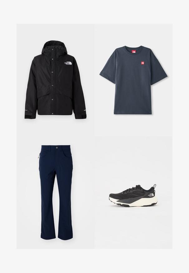 Mustaga isoleeritud jakki kapuutsiga, millel on ees tõmblukk ja nööbid ning valge logo detail rinnal. Tekstuuriga kangas.; Tumed merevaheline lühikeste varrukatega T-särk, mis on valmistatud puuvillast, vasakul rinnal punase logoga ja klassikalise ümmarguse kaelusega.; Tumesinine sirge jala püksid, millel on vöökohad, nupuga sulgemine, eesmine tasku ja lukuga küljetasku valgel taustal.; Must have musta sportlik king, millel on tekstureeritud võrgu ülemine osa, soliidne mustade aktsentidega ja kerge valge tallaga. Omab kinnituspaelu ja tõmbeaset.