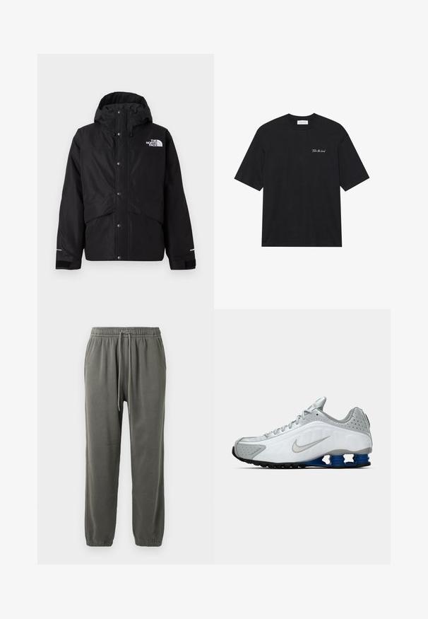 Svart isolerad jacka med huva, med dragkedja fram, tryckknappar och vit logotypdetalj på bröstet. Texturerad tyg.; Svart bomullst-shirt med kort ärm, med vit skrivtext "Ta ledningen" på vänster bröstområde. Enkel design med rundad halsringning.; Grå joggerbyxor i mjukt tyg, med elastisk midja och dragsko, sidofickor och elastiska muddar vid vristen.; Vit och grå Nike löparskor med silverfärgad swoosh, blå fjädrande sula och svart mönster på en enfärgad bakgrund.