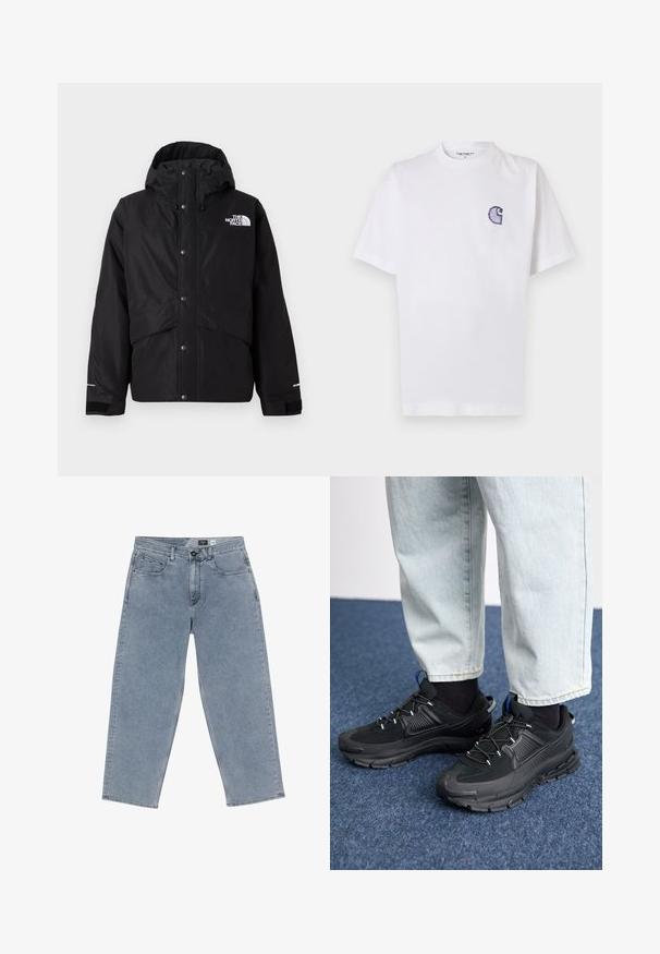 Black insulated jacket with a hood, featuring a zip front, snap buttons, and white logo detail on the chest. Textured fabric.; White cotton t-shirt with short sleeves, round neckline, and a small, embroidered blue "C" logo on the left chest area.; Light blue denim wide-leg jeans with a button fastening, five pockets, and straight-cut legs. Soft texture, minimal fading, and clean stitching.; Black athletic shoes with textured fabric and rubber soles, featuring elastic laces and a blue accent on the heel. Worn with light denim pants.