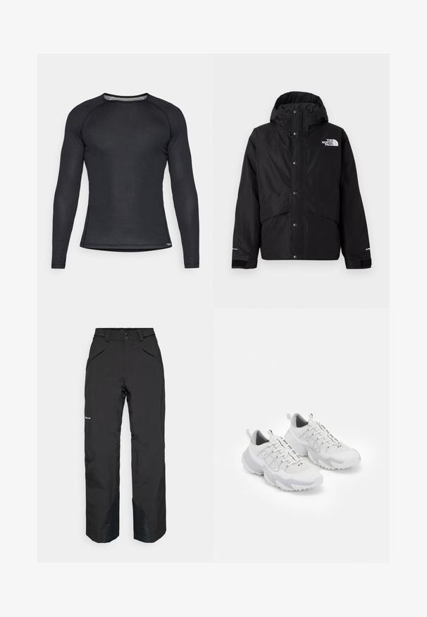 Svart isolerad jacka med huva, med dragkedja fram, tryckknappar och vit logotypdetalj på bröstet. Texturerad tyg.; Svart långärmad träningsskjorta i texturerat material med rundad halsringning och mesh-accenter vid kragen, figurnära design för att underlätta rörelse.; Svarta vattentäta byxor med rak passform, med zippered fickor, förstärkta kantdetaljer och en slät texturerad finish.; Vita atletiska skor med ovandel i mesh, grå detaljer, texturerad gummisula och dragflikar på hälen; har en snörningsdesign.