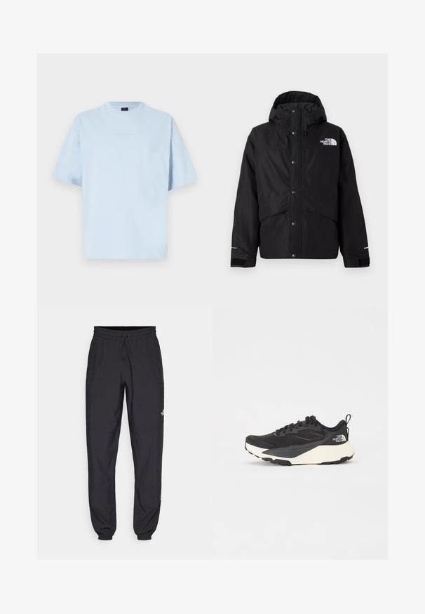 Juodas izoliacinis švarkas su gobtuvu, turintis užtrauktuką priekyje, spaudimo mygtukus ir baltą logotipą ant krūtinės. Tekstūruota medžiaga.; Šviesiai mėlyna trumpomis rankovėmis marškinėliai, pagaminti iš medvilnės. Turi apvalią iškirptę ir subtilų logotipo detalę priekyje. Minkštas audinys ir laisvas pjūvis.; Juodos sportinės kelnės, pagamintos iš lengvos medžiagos, su raišteliu liemens srityje, šoniniais kišenėmis ir siaurėjantys apykaklės prie kulkšnies.; Juodas sportinis batelis su tekstūruotu tinkleliu, solidžiai juodais akcentais ir lengvu baltu padu. Yra raištelių uždarymas ir trauktukas.