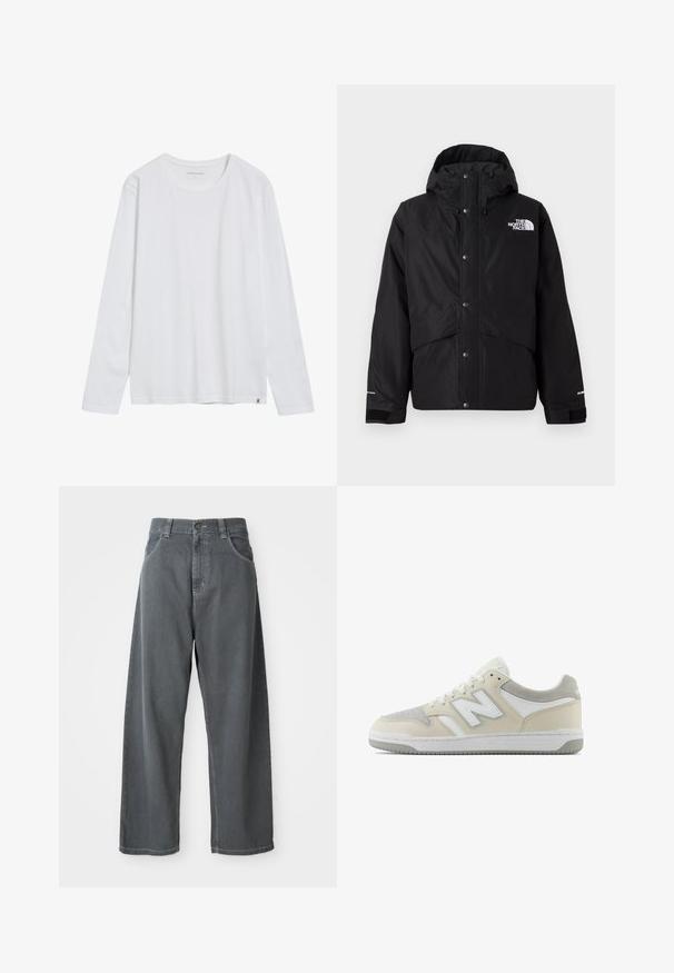 Schwarze isolierte Jacke mit Kapuze, ausgestattet mit einem Reißverschluss und Druckknöpfen, sowie einem weißen Logodetail auf der Brust. Strukturiertes Gewebe.; Langärmliges weißes T-Shirt aus Baumwolle. Rundhalsausschnitt, gerader Saum und kleines Logotag unten links. Glatte Textur.; Graue Denim-Straßenhose mit weitem Bein und hoher Taille, mit Fronttaschen, Gürtelschlaufen und einem Knopfverschluss am Bund.; Beige Wildleder- und Ledersneaker mit weißen Akzenten, featuring ein strukturiertes Design, Schnürung vorne und einem charakteristischen Logo an der Seite.