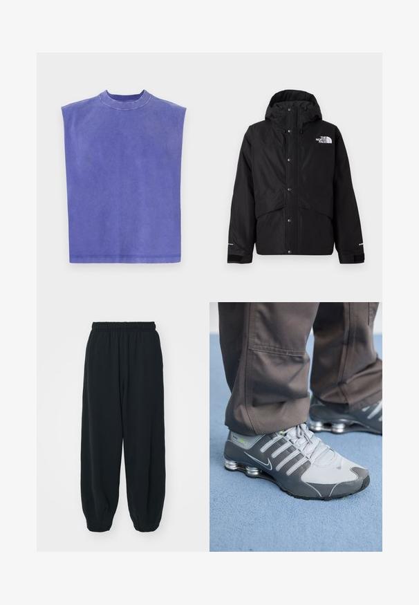 Mustan eristetyn takin, jossa on huppu, vetoketjukiinnitys, nepparit ja valkoinen logo rintakehässä. Teksturoitu kangas.; Violetti hihaton paita, joka on valmistettu pehmeästä puuvillasta. Siinä on pyöreä kaula-aukko ja rento malli, hieman haalistunut pinta ja siisti helma.; Mustat, elastisella vyötäröllä varustetut collegehousut, joissa on löysä istuvuus, cuffattu lahje, sileä pinta ja ilman näkyviä kuvioita tai varusteita.; Harmaat ja hopeiset Nike Shox -tennarit ovat tyylikkään muotoilun omaavia, joissa on verkko- ja synteettisiä materiaaleja, pyöreä kärki ja pehmustettu nilkkareunus.