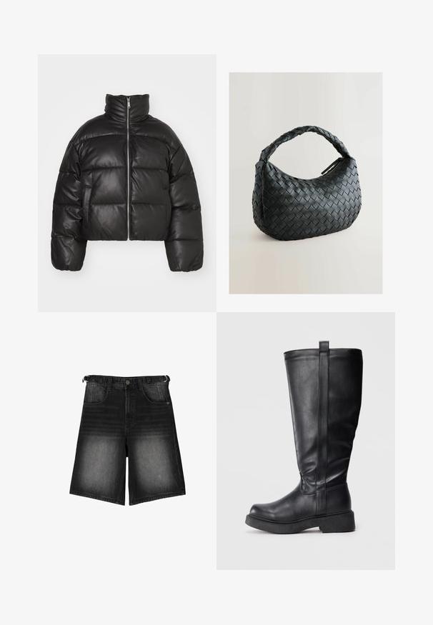 Czarna krótka kurtka pufowa z gładkiej skóry, z wysokim kołnierzem, przednim zamkiem błyskawicznym i wypchanymi, pikowanymi sekcjami.; 10DAYS - Bluza; Czarne szorty dżinsowe z wybledzonym wykończeniem, pięcioma kieszeniami, zapięciem na guzik i paskiem. Materiał ma gładką teksturę.; Czarne botki do kolan wykonane z gładkiej skóry, z płaską podeszwą, posiadające szew boczny i małą pętelkę na górze ułatwiającą zakładanie.; Czarna pleciona torebka o zaokrąglonym kształcie, teksturowanej powierzchni i grubej, plecionej rączce. Posiada zamek błyskawiczny zapewniający bezpieczne przechowywanie.