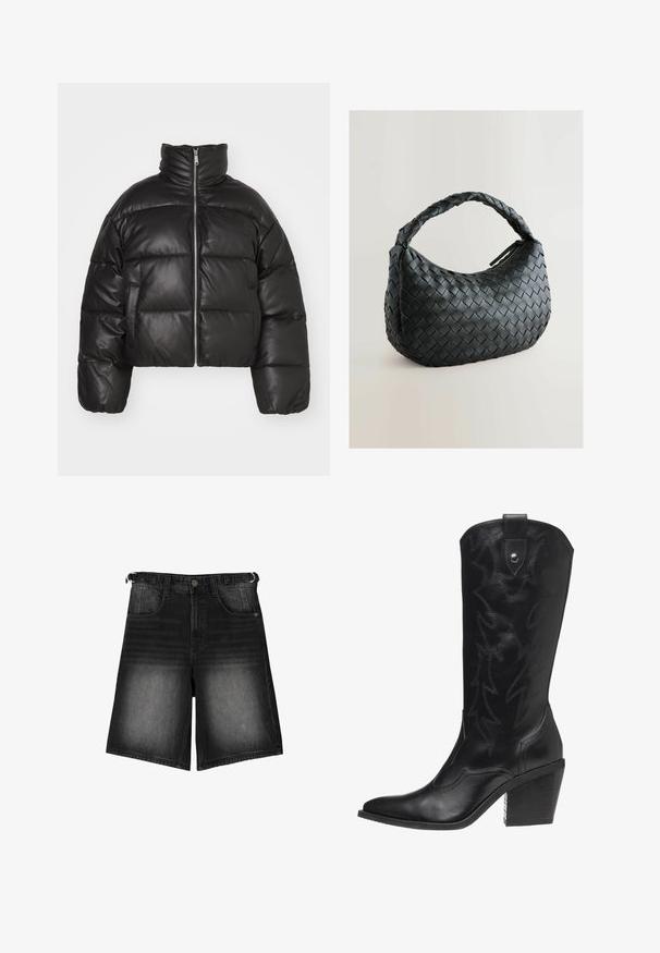 Black cropped puffer jacket made of smooth leather, featuring a high collar, front zipper, and puffed quilted sections.; 10DAYS LOGO - Sweatshirt - pastel yellow; Black denim shorts featuring a faded finish, five pockets, a button closure, and belt loops. The fabric has a smooth texture.; Black leather cowboy boot with pointed toe, high heel, and decorative stitching in lightning bolt pattern along the shaft.; Black woven handbag with a rounded shape, textured surface, and a thick braided handle. Features a zip closure for secure storage.