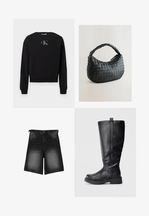 Černá zkrácená péřová bunda vyrobená z hladké kůže, s vysokým límcem, předním zipem a vypolstrovanými prošívanými částmi.; Černá mikina z měkké látky s kulatým výstřihem a dlouhými rukávy. Na hrudi je uprostřed stříbrné logo „cK“.; Černé džínové šortky s vyšisovaným vzhledem, pěti kapsami, knoflíkovým zapínáním a poutky na opasek. Materiál má hladkou texturu.; Černé kozačky až ke kolenům vyrobené z hladké kůže s plochou podrážkou, s bočním švem a malým poutkem nahoře pro snadné obouvání.; Černá tkaná kabelka s kulatým tvarem, texturovaným povrchem a silným pleteným držadlem. Zahrnuje zipové zavírání pro bezpečné uložení.