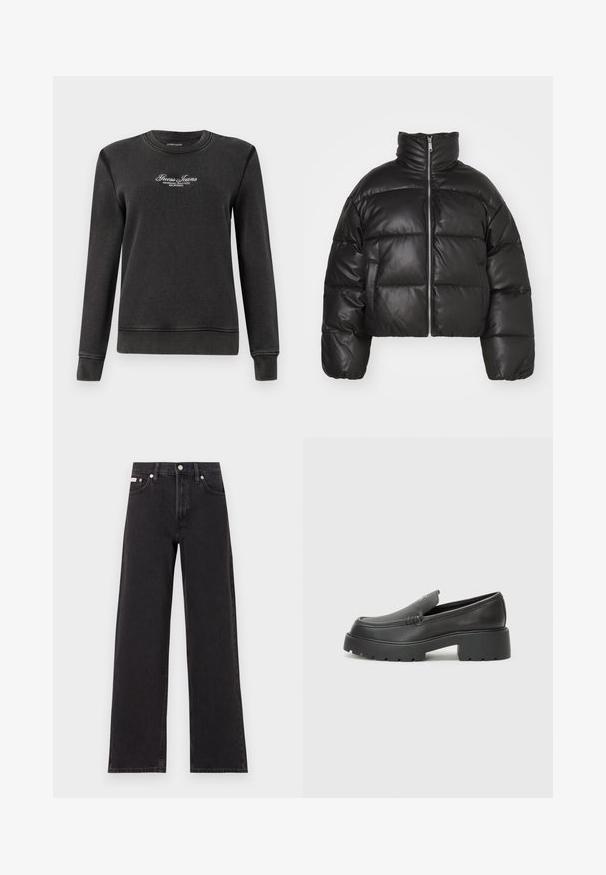 Černá zkrácená péřová bunda vyrobená z hladké kůže, s vysokým límcem, předním zipem a vypolstrovanými prošívanými částmi.; Černá mikina vyrobená z měkké tkaniny, s kulatým výstřihem, dlouhými rukávy a vyšitým nápisem "Guess Jeans" na hrudi.; Černé široké jeansy vyrobené z denimu, s vysokým pasem, pěti kapsami a kovovým zapínáním s kontrastním prošíváním.; Černé kožené mokasíny s okrouhlou špičkou, silnou strukturovanou podrážkou a minimálními detaily šití. Elegantní design bez viditelných tkaniček nebo kovových prvků.