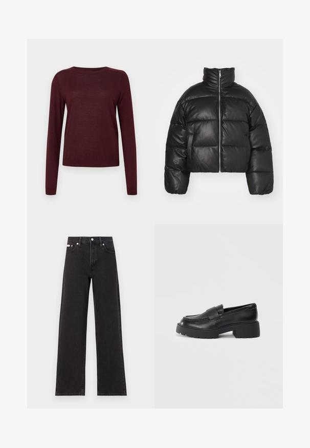 Čierna skrátená páperová bunda vyrobená z hladkej kože, s vysokým golierom, predným zipsom a vypchatými prešívanými sekciami.; Burgundská dlhá mikina s dlhým rukávom vyrobená z mäkkého materiálu, s okrúhlym výstrihom a rebrovanými manžetami, s ľahkou a hladkou textúrou.; Čierne široké džínsy vyrobené z denimu, s vysokým pásom, piatimi vreckami a kovovým zapínaním s kontrastným šitím.; Čierne kožené loafery s textúrovaným povrchom, s obdĺžnikovým prúžkom cez priehlavok a robustným, drsným designom podrážky.