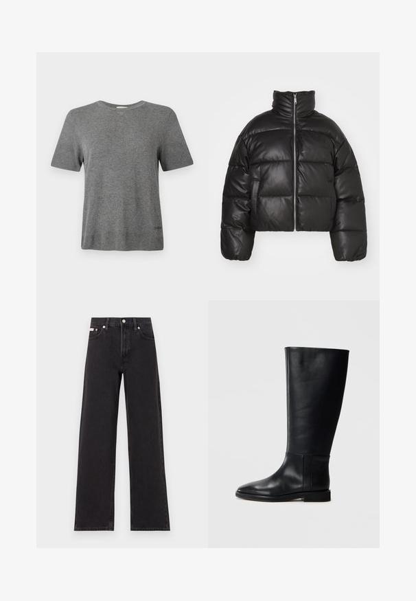 Schwarze, kurze Puffjacke aus glattem Leder mit hohem Kragen, Frontreißverschluss und gepufften, gesteppten Bereichen.; Graues Strick-T-Shirt mit kurzen Ärmeln, rundem Ausschnitt und glatter Textur. Beinhaltet eine minimalistische Markenkennzeichnung in der Nähe des Saums. Einfaches, klassisches Design.; Schwarze weit geschnittene Jeans aus Denim mit einem hoch sitzenden Bund, fünf Taschen und einem Metallknopfverschluss mit kontrastierendem Nähte.; Schwarze Lederstiefel bis zum Knie mit runder Zehenform, glatter Textur, minimalistischem Design und flacher Sohle. Einfache Nahtdetails am Schaft.