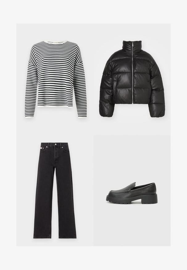Casaco puffer preto, cropped, feito de pele lisa, com colarinho alto, fecho de correr à frente e seções acolchoadas em volume.; Camisola de manga longa, decote redondo, feita de tecido macio com riscas horizontais em preto e branco. Apresenta punhos e bainha canelados.; Jeans de perna larga pretos feitos de denim, apresentando uma cintura alta, estilo de cinco bolsos e um fecho em botão de metal com costura contrastante.; Mocassins de couro preto com bico arredondado, sola espessa e texturizada, e detalhes de costura minimalistas. Design elegante sem atacadores ou ferragens visíveis.