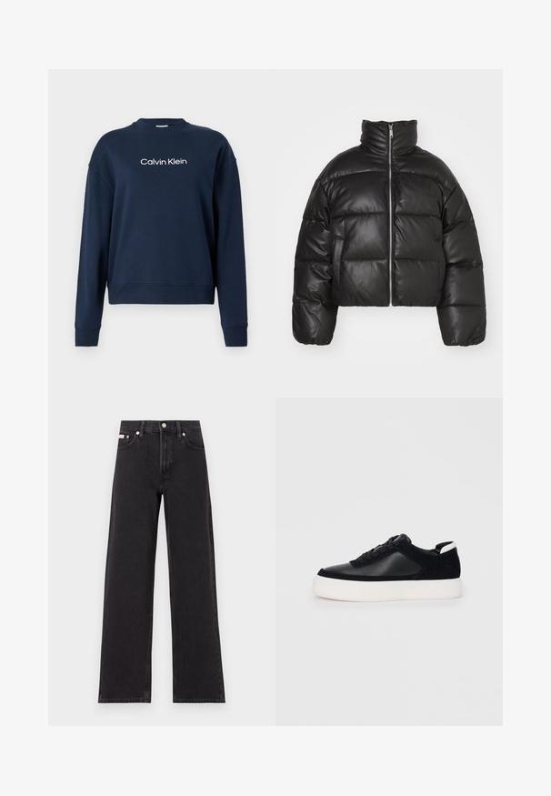 Chaqueta corta de plumón negra hecha de cuero suave, con cuello alto, cremallera frontal y secciones acolchadas y abultadas.; Calvin Klein HERO LOGO - Sudadera - dark sapphire; Jeans anchos de mezclilla negros, con cintura alta, cinco bolsillos y cierre de botón metálico con costuras contrastantes.; Zapatilla negra con paneles de cuero liso y de ante, cordones planos, punta redondeada y una suela de goma blanca. Logotipo distintivo en el talón.