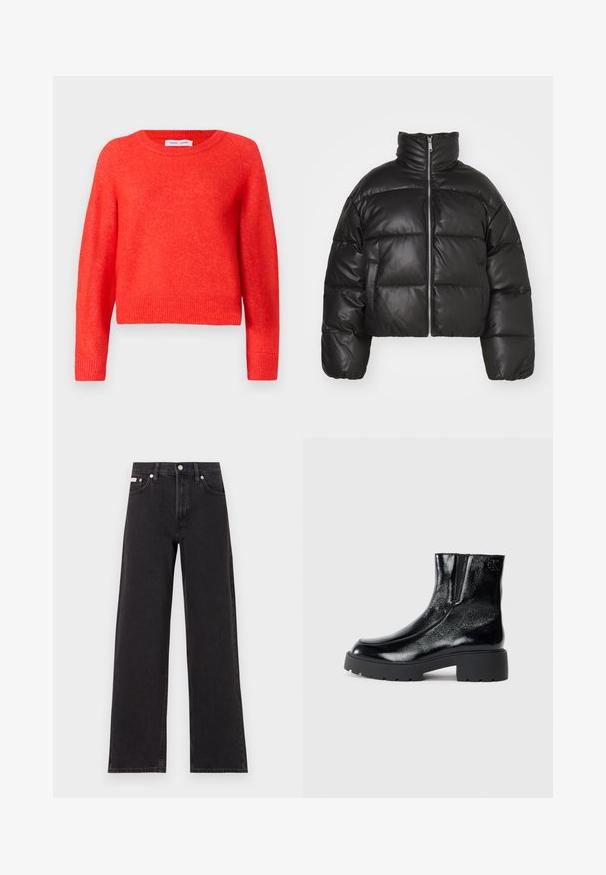 Schwarze, kurze Puffjacke aus glattem Leder mit hohem Kragen, Frontreißverschluss und gepufften, gesteppten Bereichen.; Roter, taillierter Pullover aus weichem Material. Rundhalsausschnitt, lange Ärmel und gerippte Saumdetails. Leicht strukturierte Oberfläche.; Schwarze weit geschnittene Jeans aus Denim mit einem hoch sitzenden Bund, fünf Taschen und einem Metallknopfverschluss mit kontrastierendem Nähte.; Schwarze Knöchelstiefel mit glänzender Lackleder-Oberfläche, einer kräftigen gummierten schwarzen Sohle und Absatz; mit dezentem Logodetail an der Seite.