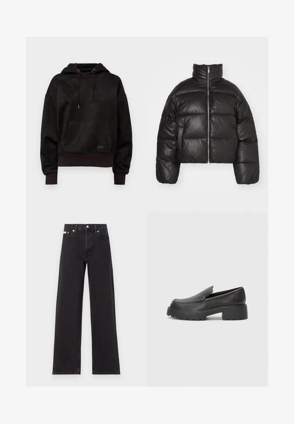 Chaqueta corta de plumón negra hecha de cuero suave, con cuello alto, cremallera frontal y secciones acolchadas y abultadas.; Sudadera negra con capucha hecha de un suave material parecido al ante, con un bolsillo frontal, capucha con cordón y puños acanalados con sutiles detalles de costura.; Jeans anchos de mezclilla negros, con cintura alta, cinco bolsillos y cierre de botón metálico con costuras contrastantes.; Mocasines de piel negra con punta redondeada, suela texturizada gruesa y mínimos detalles de costura. Diseño elegante sin cordones o herrajes visibles.