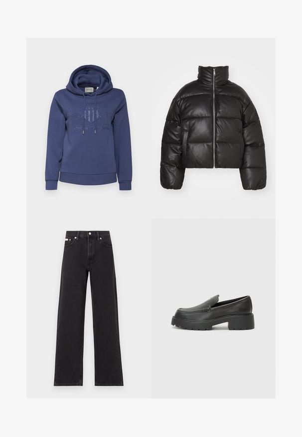 Čierna skrátená páperová bunda vyrobená z hladkej kože, s vysokým golierom, predným zipsom a vypchatými prešívanými sekciami.; GANT TONAL SHIELD HOODIE - Mikina s kapucňou - dusty navy; Čierne široké džínsy vyrobené z denimu, s vysokým pásom, piatimi vreckami a kovovým zapínaním s kontrastným šitím.; Čierne kožené mokasíny s okrúhlou špičkou, hrubou textúrovanou podrážkou a minimom stehovej výzdoby. Štíhly dizajn bez viditeľných šnúr alebo kovania.