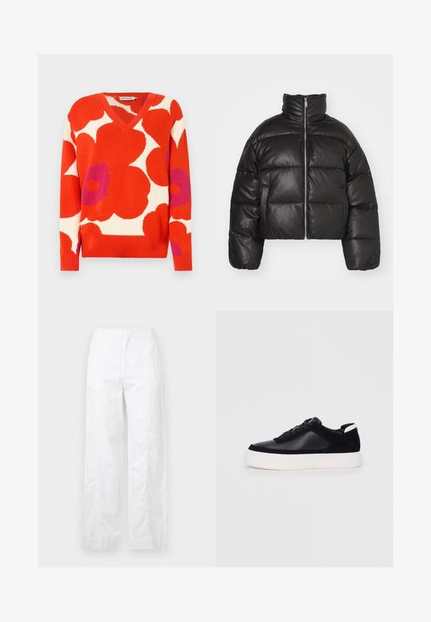 Fekete rövid puffernadrág, sima bőrből készült, magas gallérral, elől cipzárral és puffasztott steppelt részekkel.; V nyakú pulóver, élénk piros, fehér és lila virágmintázattal. Kötött anyagból készült, bordás mandzsettákkal és hemmel.; Fehér, széles szárú nadrág könnyű anyagból, sima textúrával, letisztult vonalakkal és magasderék kialakítással.; Fekete sportcipő sima bőrből és velúr panelekkel, lapos fűzőkkel, kerek orral és fehér gumi talppal. Megkülönböztető logó a sarkán.