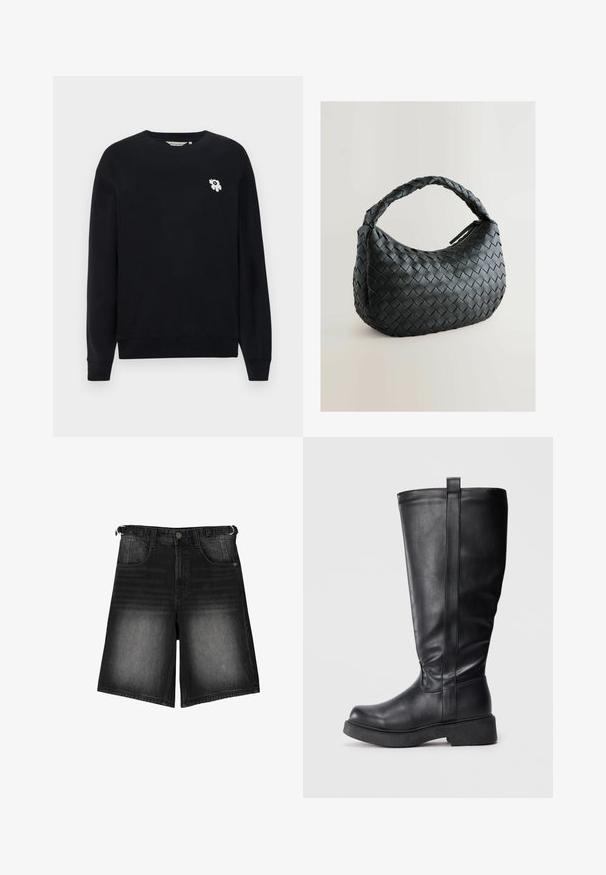 Giacca a vento nera cropped in pelle liscia, con colletto alto, zip frontale e sezioni trapuntate gonfie.; Felpa nera in cotone. Caratterizzata da maniche lunghe, un collo rotondo e un piccolo ricamo floreale bianco sul lato sinistro del petto.; Shorts in denim nero con una finitura scolorita, cinque tasche, chiusura con bottone e passanti per cintura. Il tessuto ha una consistenza liscia.; Stivali neri al ginocchio realizzati in morbida pelle con suola piatta, dotati di una cucitura laterale e di una piccola linguetta nella parte superiore per una facile indossabilità.; Borsa a tracolla nera intrecciata con forma arrotondata, superficie testurizzata e una robusta maniglia intrecciata. Dotata di chiusura con zip per una conservazione sicura.