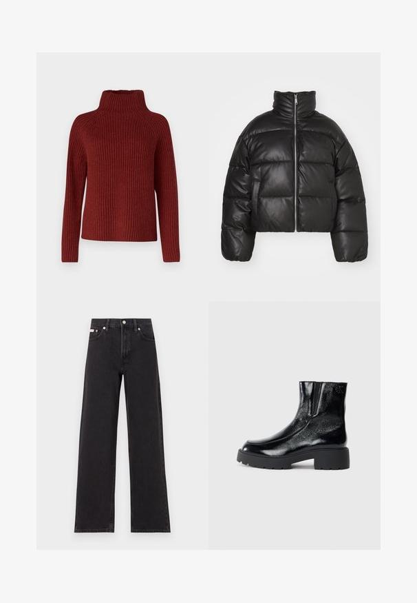 Black cropped puffer jacket made of smooth leather, featuring a high collar, front zipper, and puffed quilted sections.; DRYKORN ARWEN - Jumper - red; Black wide-leg jeans made of denim, featuring a high-rise waist, five-pocket styling, and a metal button closure with contrasting stitching.; Black ankle boots with a glossy patent leather finish, chunky black rubber sole, and raised heel; includes subtle logo detail on the side.