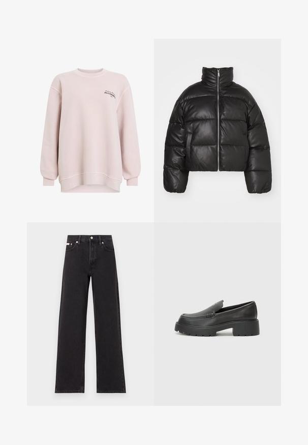 Černá zkrácená péřová bunda vyrobená z hladké kůže, s vysokým límcem, předním zipem a vypolstrovanými prošívanými částmi.; Světle růžová mikina z měkké tkaniny. Má kulatý výstřih, dlouhé rukávy a logo na levé části hrudi. Uvolněný střih.; Černé široké jeansy vyrobené z denimu, s vysokým pasem, pěti kapsami a kovovým zapínáním s kontrastním prošíváním.; Černé kožené mokasíny s okrouhlou špičkou, silnou strukturovanou podrážkou a minimálními detaily šití. Elegantní design bez viditelných tkaniček nebo kovových prvků.