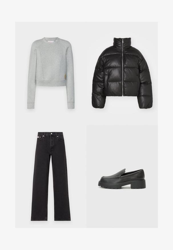 Černá zkrácená péřová bunda vyrobená z hladké kůže, s vysokým límcem, předním zipem a vypolstrovanými prošívanými částmi.; Šedá zkrácená mikina s dlouhými rukávy, vyrobená z měkké látky. Má kulatý výstřih, raglánové rukávy a malou nášivku loga na boku.; Černé široké jeansy vyrobené z denimu, s vysokým pasem, pěti kapsami a kovovým zapínáním s kontrastním prošíváním.; Černé kožené mokasíny s okrouhlou špičkou, silnou strukturovanou podrážkou a minimálními detaily šití. Elegantní design bez viditelných tkaniček nebo kovových prvků.