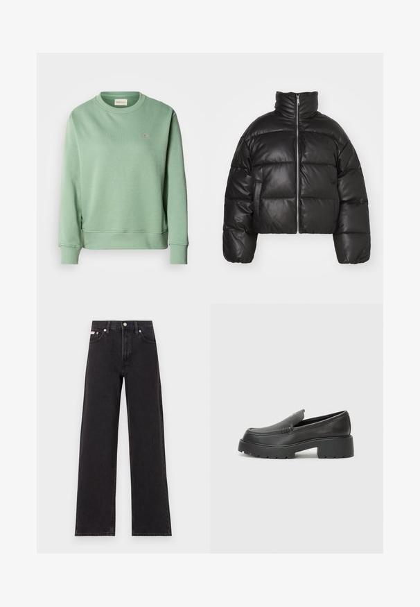 Zwarte cropped pufferjack gemaakt van glad leer, met een hoge kraag, rits aan de voorkant en opgezette, quilted delen.; Mintgroene sweatshirt met ronde hals, lange mouwen, ribgebreide manchetten en zoom. Bevat een klein geborduurd logo op de borst.; Zwarte wijde spijkerbroeken van denim, met een hoge taille, vijf-pocket stijl en een metalen knoopsluiting met contrasterende stiksels.; Zwarte leren instappers met een ronde neus, dikke getextureerde zool en minimale stikseldetails. Strak ontwerp zonder zichtbare veters of hardware.