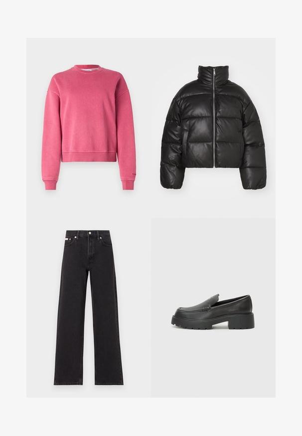 Svart cropped puffer-jakke laget av glatt lær, med høy krage, frontglidelås og puffede quiltede seksjoner.; Samsøe Samsøe SAVA - Sweatshirt - rose wine; Svart bredbente jeans laget av denim, med høy livvidde, fem lommer, og metallknapp med kontrasterende søm.; Sorte skinnloafers med rund tå, tykk teksturert såle og minimale sømdetaljer. Strømlinjeformet design uten synlige snørebånd eller hardvarer.