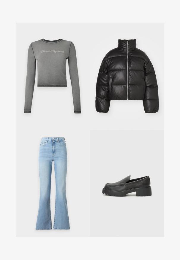 Fekete rövid puffernadrág, sima bőrből készült, magas gallérral, elől cipzárral és puffasztott steppelt részekkel.; Szürke, rövidra vágott, hosszú ujjú felső, bordás anyagból készült, kontrasztos varrással és strasszköves felirattal az elülső részén.; Világoskék, bővülő fazonú farmernadrág magas derékkal, denim anyagból, elhalványult textúrával és klasszikus 5 zsebes kialakítással. Gombos és cipzáros záródással rendelkezik.; Fekete bőr loafer cipők kerek orral, vastag, texturált talppal és minimális varrási részletekkel. Áramvonalas dizájn, látható fűzők vagy fém részek nélkül.