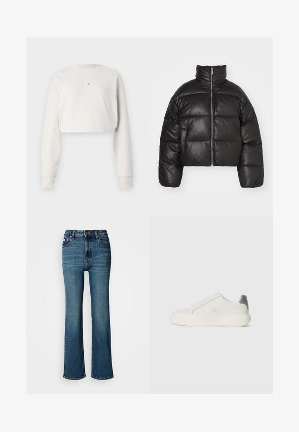 Musta lyhyt puffatakkia, joka on valmistettu sileästä nahasta, ja siinä on korkea kaulus, etuvetoketju ja puffatut, tikatut osat.; Leikattu huppari vaaleanharmaasta kankaasta, jossa on pitkät hihat, pyöreä kaula-aukko ja pieni logo keskellä. Pehmeä rakenne.; Korkeavyötäröiset siniset farkut, jotka on valmistettu denimistä, ja joissa on suora lahje, hienovarainen haalistuminen sekä tavallinen nappi- ja vetoketjusuljenta.; Valkoinen nahkakenkä, jossa on sileä pinta, hopeinen yksityiskohta kantapäässä, tasapohja ja minimalistinen muotoilu.