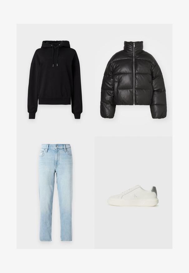 Giacca a vento nera cropped in pelle liscia, con colletto alto, zip frontale e sezioni trapuntate gonfie.; Felpa nera con cappuccio realizzata in tessuto morbido, dotata di cappuccio con cordino, polsini a costine e un logo in rilievo discreto sul davanti.; Jeans in denim azzurro chiaro, design a gamba dritta, vita media, con cinque tasche e chiusura con bottone davanti.; Sneaker bianco in pelle con una texture liscia, caratterizzato da un accento argento sul tallone, suola piatta e design minimalista.