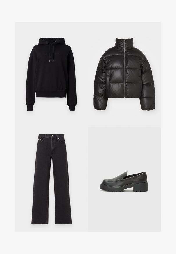 Crna skraćena puffer jakna od glatke kože, s visokim ovratnikom, prednjim zatvaračem i nabranim, quilted dijelovima.; Crna dukserica od mekanog materijala, s kapuljačom na izvlačenje, rebrastim manžetama i suptilnim utisnutim logom na prednjoj strani.; Crne široke traperice od denima, s visokim strukom, pet džepova i metalnim zatvaranjem s kontrastnim šavovima.; Crne kožne loaferice s zaobljenim vrhom, debelim teksturiranim potplatom i minimalnim detaljima šivanja. Elegantna izrada bez vidljivih vezica ili metalnih elemenata.