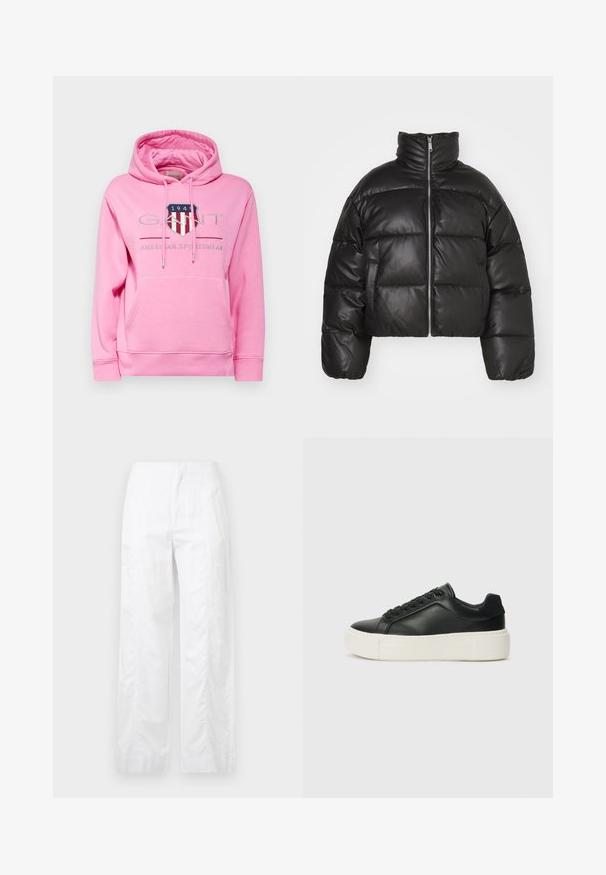 Schwarze, kurze Puffjacke aus glattem Leder mit hohem Kragen, Frontreißverschluss und gepufften, gesteppten Bereichen.; GANT ARCHIVE SHIELD HOODIE - Sweatshirt - candy pink; Weiße, weit geschnittene Hosen aus leichtem Stoff, mit glatter Textur, klaren Linien und einem Hochbund-Design.; Schwarze Leder-Sneaker mit abgerundeter Zehenpartie, weißer Plattformsohle und schwarzen Schnürsenkeln. Verfügt über ein dezentes Logo an der Ferse und eine glatte Textur.