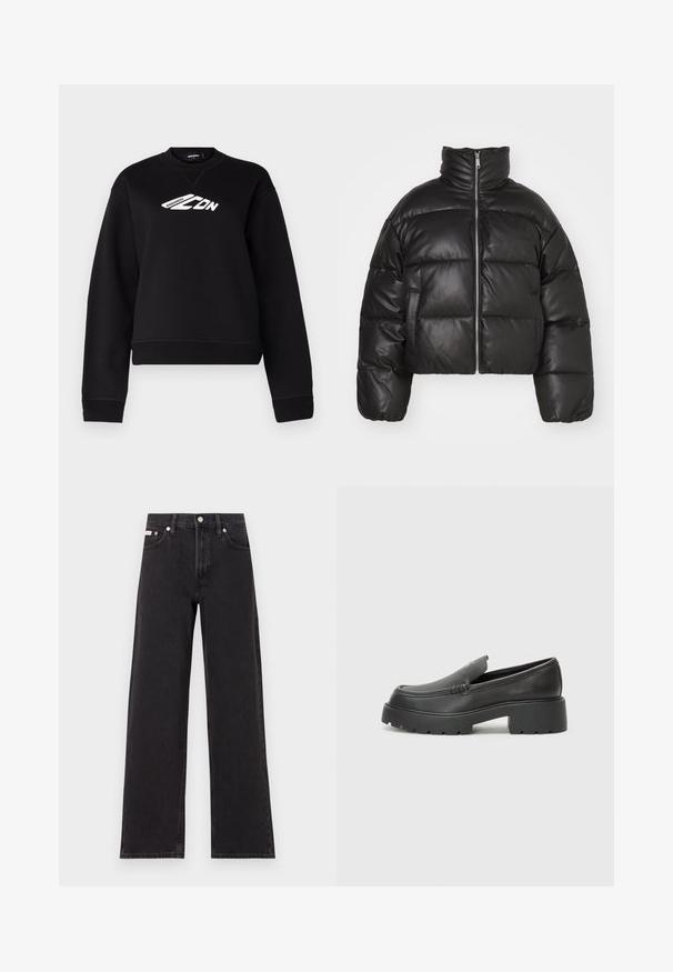 Sort cropped puffer jakke lavet af glat læder, med høj krave, frontlynlås og puffede quiltede sektioner.; Sort sweatshirt med rund hals, lange ærmer og et hvidt logodesign på brystet. Fremstillet af et blødt, struktureret stof.; Sorte vidde jeans lavet af denim, med høj talje, fem-lomme stil og en metalknap lukning med kontrasterende syninger.; Sorte læder loafers med rund tå, tyk tekstureret sål og minimale syninger. Elegant design uden synlige snørebånd eller hardware.