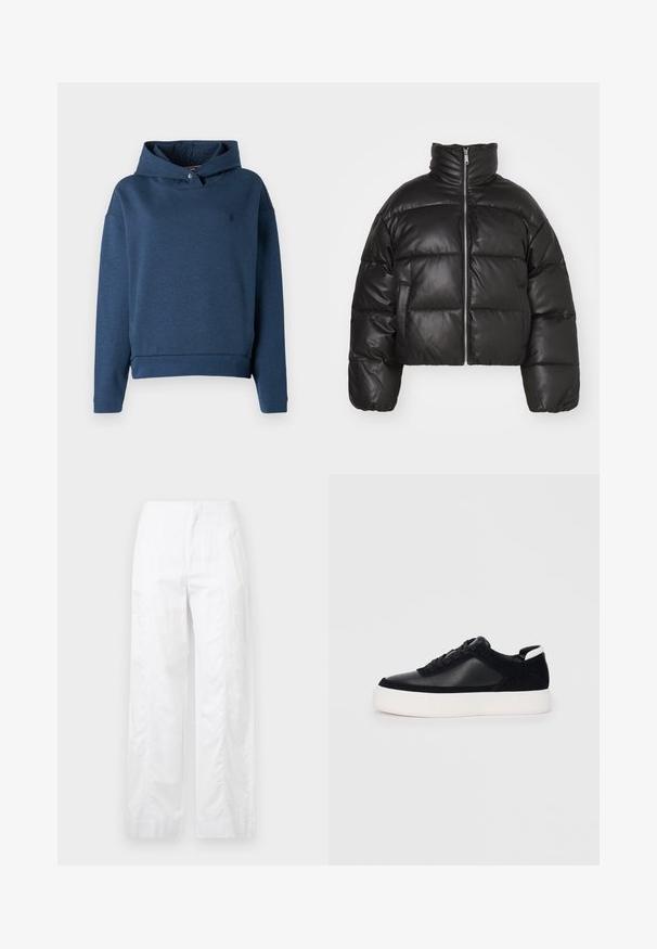 Μαύρο κοντό μπουφάν από λείο δέρμα, με ψηλό γιακά, μπροστινό φερμουάρ και φουσκωτά καπιτονέ τμήματα.; Μπλε hoodie φτιαγμένο από ύφασμα βαμβακερού μείγματος, με μπροστινή τσέπη, λεπτομέρεια με κουμπί στο λαιμό, και ριμπ στις μανσέτες και το στρίφωμα.; Λευκά παντελόνια με φαρδιά γραμμή, κατασκευασμένα από ελαφρύ ύφασμα, με απλή υφή, καθαρές γραμμές και ψηλή ζώνη.; Μαύρο αθλητικό παπούτσι με λείο δέρμα και σουέτ πάνελ, επίπεδα κορδόνια, στρογγυλή μύτη και λευκή καουτσούκ σόλα. Διακριτό λογότυπο στη φτέρνα.