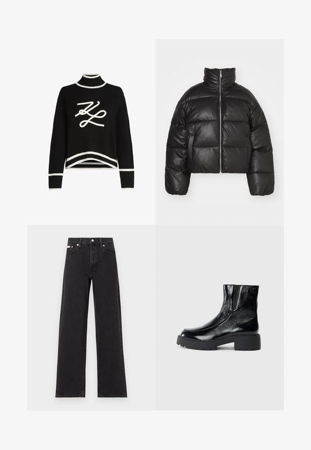 Black cropped puffer jacket made of smooth leather, featuring a high collar, front zipper, and puffed quilted sections.; Black knitted sweater with a high neckline, white accents at the cuffs and hem, featuring a prominent white logo graphic on the front.; Black wide-leg jeans made of denim, featuring a high-rise waist, five-pocket styling, and a metal button closure with contrasting stitching.; Black ankle boots with a glossy patent leather finish, chunky black rubber sole, and raised heel; includes subtle logo detail on the side.