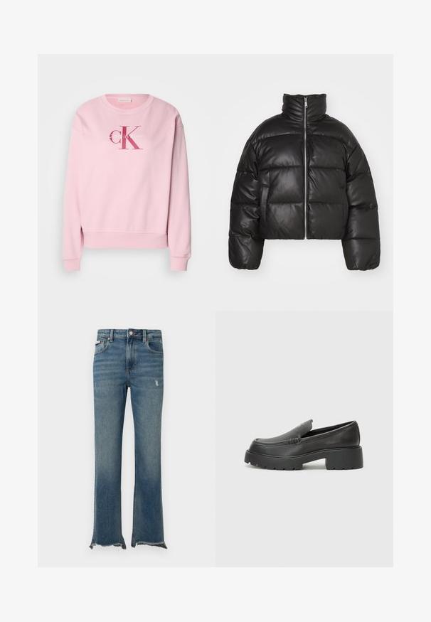 Musta lyhyt puffatakkia, joka on valmistettu sileästä nahasta, ja siinä on korkea kaulus, etuvetoketju ja puffatut, tikatut osat.; Vaaleanpunainen huppari, jossa on pyöreä kaula-aukko, pitkät hihat ja edessä logo, jossa on tekstit "Calvin Klein" ja "cK" vastaväreissä.; Siniset farkut, joissa on lievää kulutusta, paljaat rispaantuneet lahkeensuut, etutaskut, vyölenkit ja nappikiinnitys.; Musta nahkakengät, joissa on pyöristetty kärki, paksu teksturoitu pohja ja vähäiset ompeluyksityiskohdat. Tyylikäs muotoilu, jossa ei ole näkyviä nauhoja tai metalliosia.